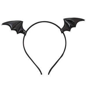 Close-up of black glossy bat wing headband accessory for Halloween and cosplay