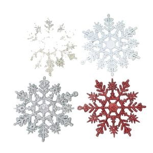 Glitter snowflake ornaments in silver, white, and red for Christmas tree decorations