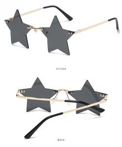 Detail view of star-shaped grey lenses with gold metal temples from side and back angles