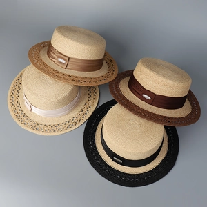 Flat top straw hats in four colors with satin ribbons and metal buckles for summer sun protection