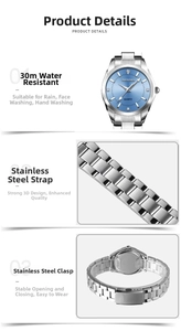 Detail of light blue sunray dial quartz watch with diamond markers and 30m water resistance