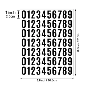 Detailed size chart for 1 inch waterproof vinyl number stickers with metric measurements