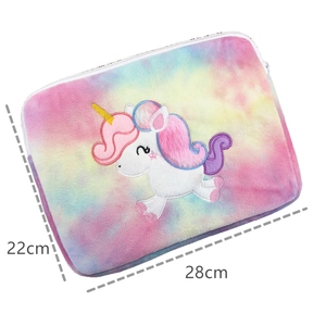Detailed size view of the rainbow plush tablet case with unicorn embroidery and dimensions