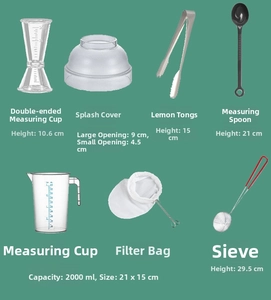 Professional stainless steel cocktail shaker set with measuring cups and strainer tools