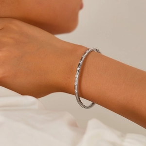 Elegant stainless steel silver bangle with sparkling zircon stones for women's daily wear