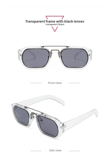 Close-up of vintage square sunglasses with transparent frames and dark gray lenses