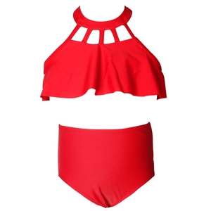 Bikini rouge deux pièces pour filles avec haut à volants et culotte élastique taille haute
