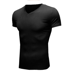 Detail of men's slim fit V-neck t-shirt with black vertical ribbed knit texture