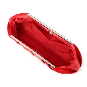 Top view of red pleated satin evening clutch with silver metal frame and fabric lining