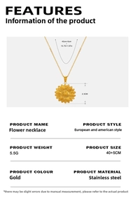Detailed size specifications for 18K gold plated sunflower pendant and stainless steel chain