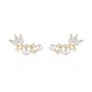 Elegant S925 silver feather earrings with pearls and marquise cut cubic zirconia diamonds