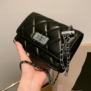 Quilted Diamond Lattice PU Leather Crossbody Bag Metal Chain Strap Lock Closure Elegant Shoulder Square Purse Women