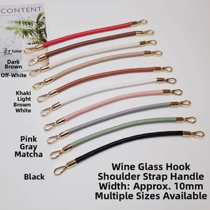 Detailed flat lay of 10mm leather bag straps in ten colors with golden metal hooks