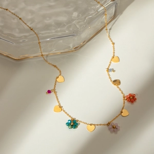 Flower Heart Pendant Necklace 18K Gold Plated Stainless Steel Colorful Glass Beads Beaded Chain Jewelry For Women