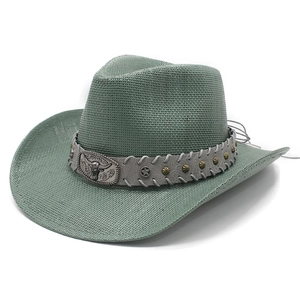 Western Cowboy Hat Paper Straw Sun Protection Outdoor Retro Ethnic With Bull Head Metal Buckle Rivets For Men Women