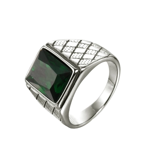 Retro titanium steel ring with emerald green square gemstone and textured silver band