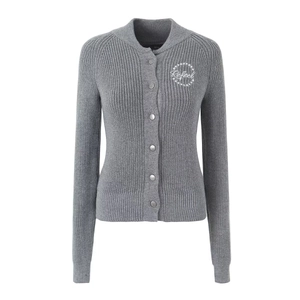 Women Ribbed Knit Cardigan Sweater Letter Embroidery Mock Neck Slim Fit Metal Buttons Long Sleeve Casual Top