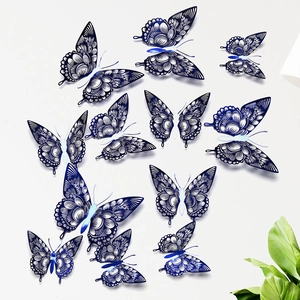 Detail view of blue 3D hollow butterfly wall stickers with metallic pearl paper texture
