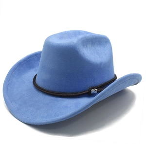 Detail view of sky blue suede cowboy hat with brown braided band and silver metal buckle