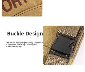 Close-up of high-strength plastic buckle and durable nylon strap on canvas waist bag