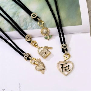 Sunflower Heart Lock Key Letter Copper Pendant Necklace Zircon Inlaid Adjustable Black Rope Chain Jewelry Women Men