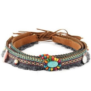Bohemian woven waist belt with turquoise buckle, colorful beads and blue tassels