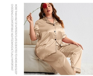 Champagne silk satin pajama set featuring a short-sleeved button-up top and long pants