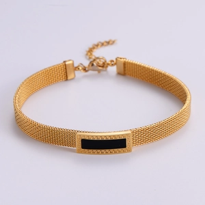 Hip Hop Men Bracelet Stainless Steel Gold Plated Mesh Woven Band With Black Rectangle Decorative Plate Adjustable