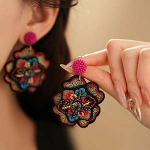 Ethnic style colorful flower embroidery stud earrings with beads and dark gemstone