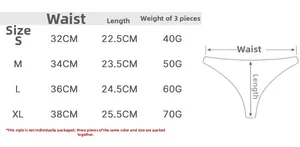 Size guide for women's cotton V-waist panties with measurements for S to XL and weight specs