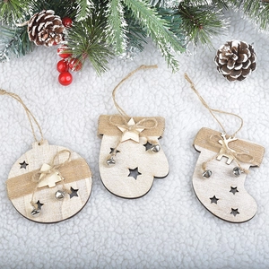 Wooden Christmas tree hanging ornaments, rustic star and sock pendant for holiday decor.