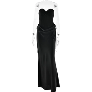 Elegant black strapless evening maxi dress with corset bodice and ruched fishtail detail