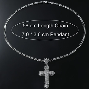 Close-up of sparkling full diamond cross pendant necklace with size labels 7.0x3.6cm