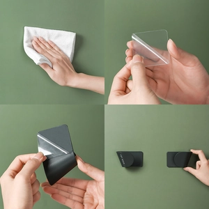 Installation guide for drill-free wall mount pot lid rack in black and grey finishes