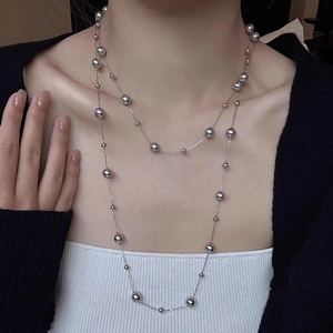 Long Faux Artificial Pearl Station Necklace Elegant Layered Alloy Bead Glass Jewelry For Women Fashion Sweater Chain Accessory