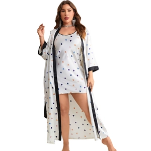 Plus size satin robe set with cartoon heart prints and contrast black piping trim