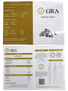 Official GRA Moissanite grading report showing 0.8ct D Color VVS1 Excellent cut details