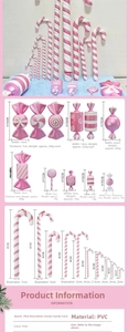 Detailed size chart for pink PVC Christmas candy props and candy cane decorations