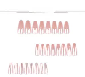 Detail showing 24 pieces of pink coffin fake nails with white French tips in various sizes
