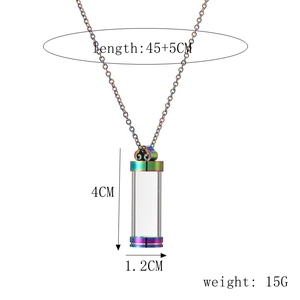 Detailed view showing product size and weight for rainbow perfume bottle necklace