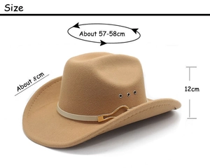 Size diagram of beige western cowboy hat with 8cm brim and 57-58cm head circumference