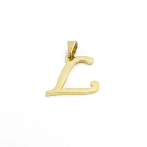 Macro shot of gold-plated stainless steel letter L pendant with detailed bail closure