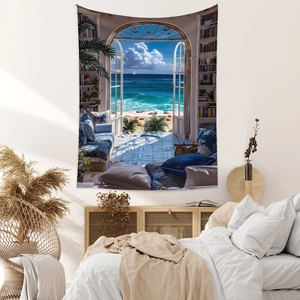 Detail of Mediterranean window view tapestry with blue ocean scenery in a cozy bedroom