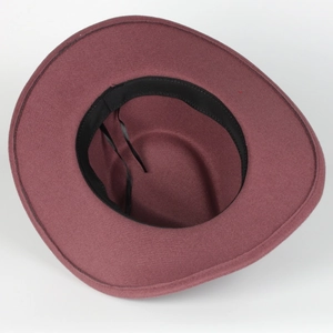 Detail view of the burgundy wool fedora interior showing sweatband and adjustable straps
