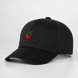 Classic black cotton baseball cap with red strawberry embroidery for kids and adults