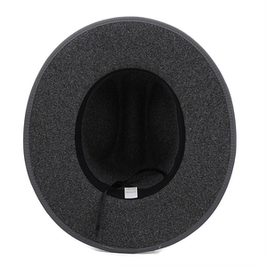 Top view of charcoal grey fedora hat interior showing black sweatband and 100% polyester label