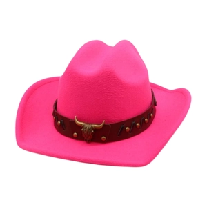 Hot pink felt western cowboy hat with brown leather band and bull head metal ornament