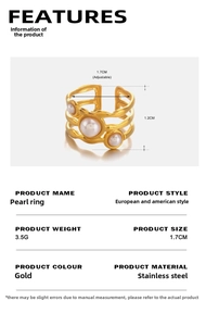 Close-up of gold stainless steel wavy ring with irregular pearls and dimension details
