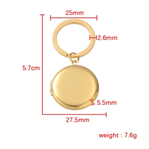 Detailed dimensions of round golden mirror stainless steel locket keychain with measurements