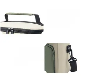 Detail of thickened handle and adjustable shoulder strap on insulated lunch bag